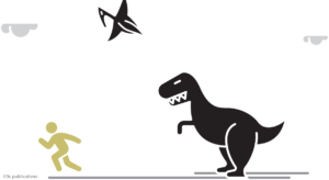 A dinosaur cartoon figure chases a human stick figure