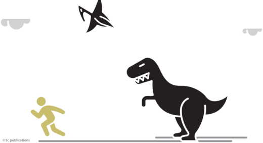 A dinosaur cartoon figure chases a human stick figure